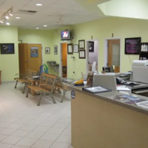 Front desk and waiting area in the lobby at Quail Hollow Animal Hospital